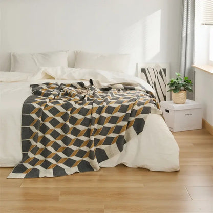 3d cube cotton knitted black & beige plaid blanket bedroom throw