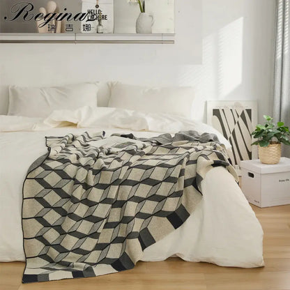 3d cube cotton knitted black & beige plaid blanket bedroom throw