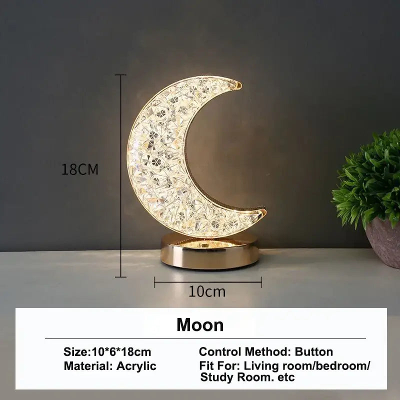 Golden crystalline crescent moon touch dimming night light bedroom