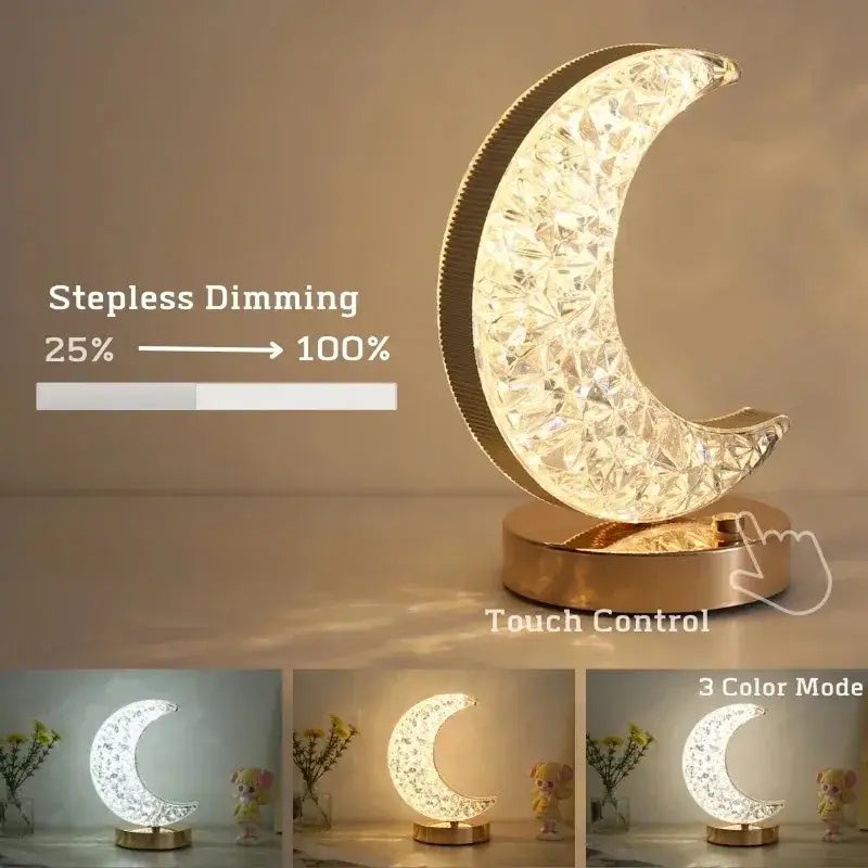 Golden crystalline crescent moon touch dimming night light bedroom