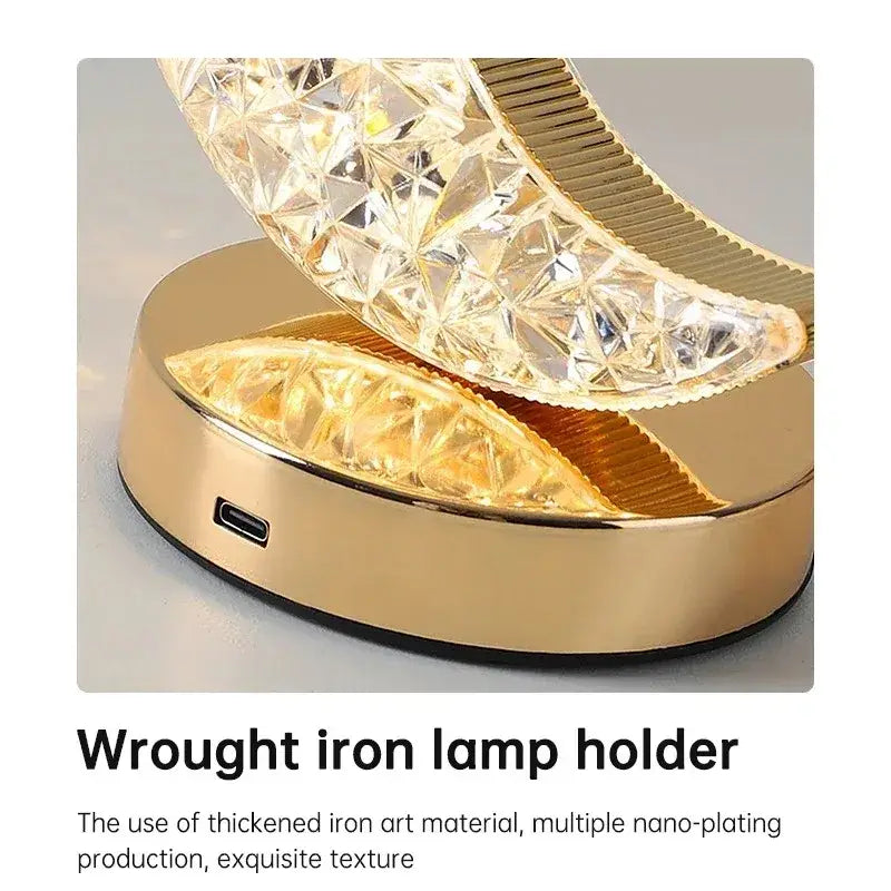 Golden crystalline crescent moon touch dimming night light bedroom