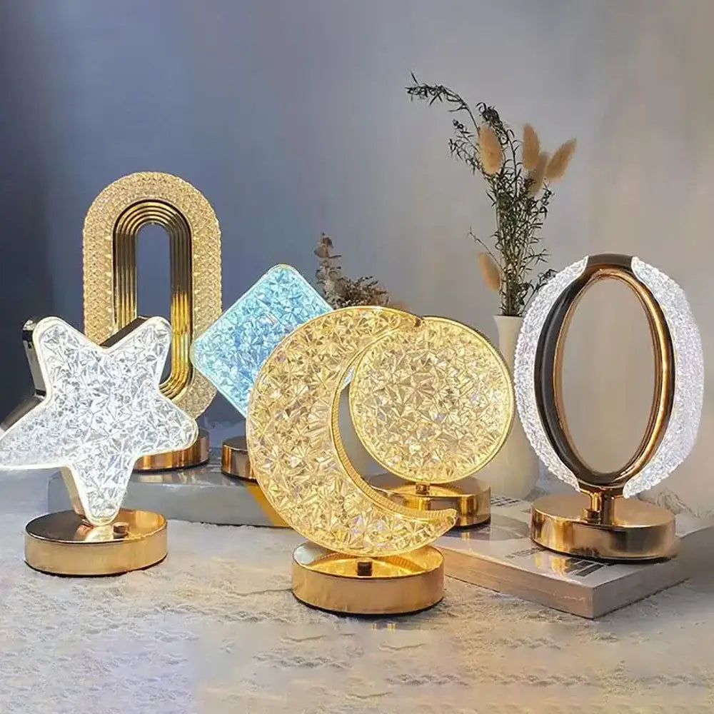 Golden crystalline crescent moon touch dimming night light bedroom
