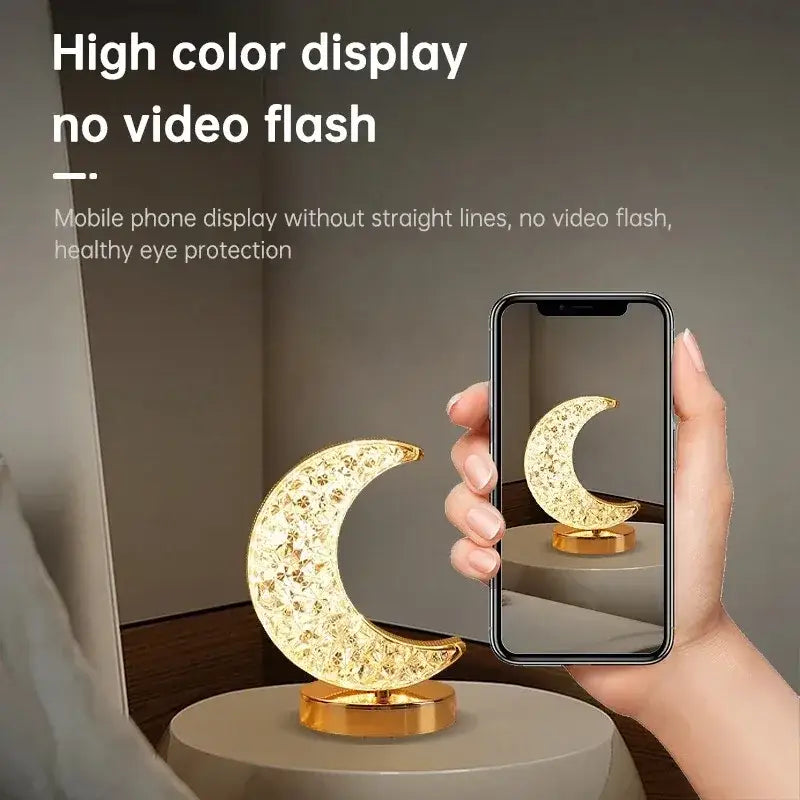 Golden crystalline crescent moon touch dimming night light bedroom
