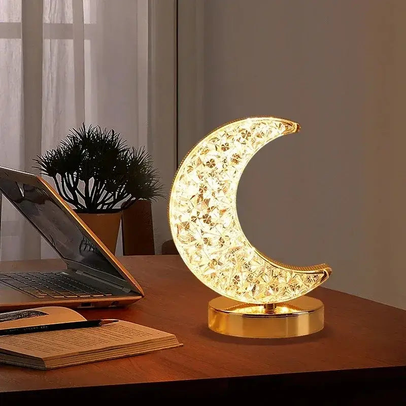 Golden crystalline crescent moon touch dimming night light bedroom