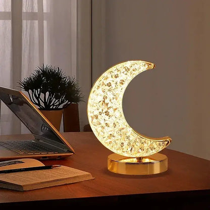Golden crystalline crescent moon touch dimming night light bedroom