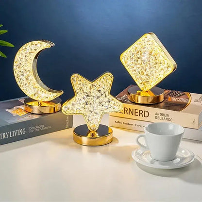 Golden crystalline crescent moon touch dimming night light bedroom