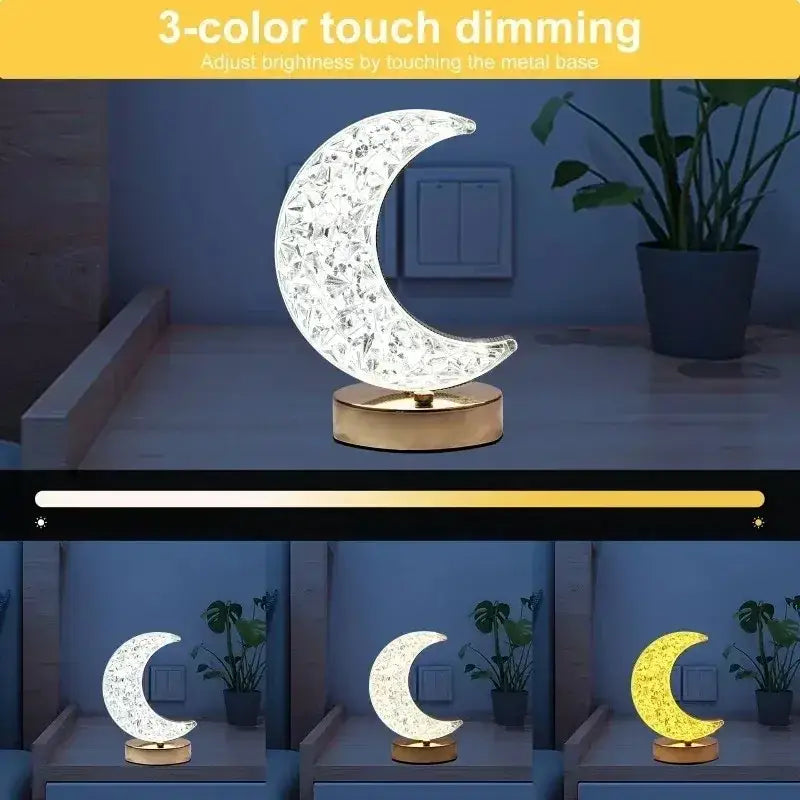 Golden crystalline crescent moon touch dimming night light bedroom