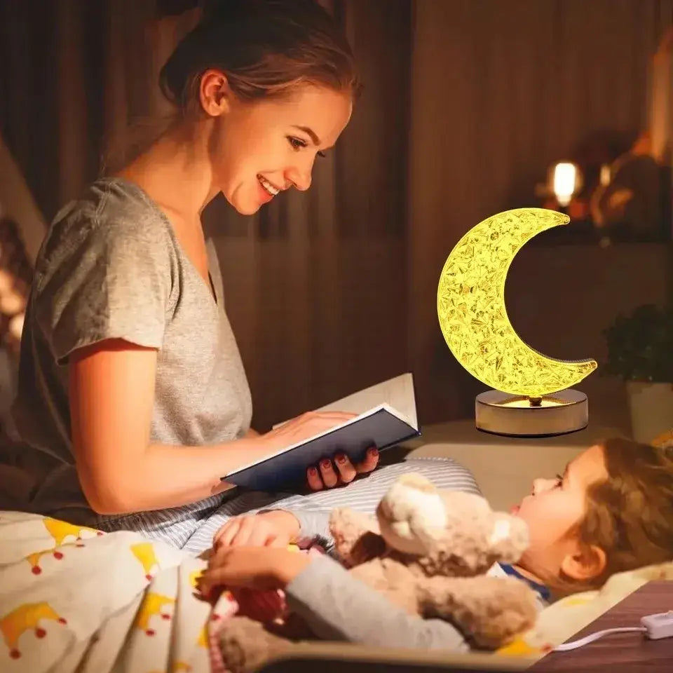 Golden crystalline crescent moon touch dimming night light bedroom
