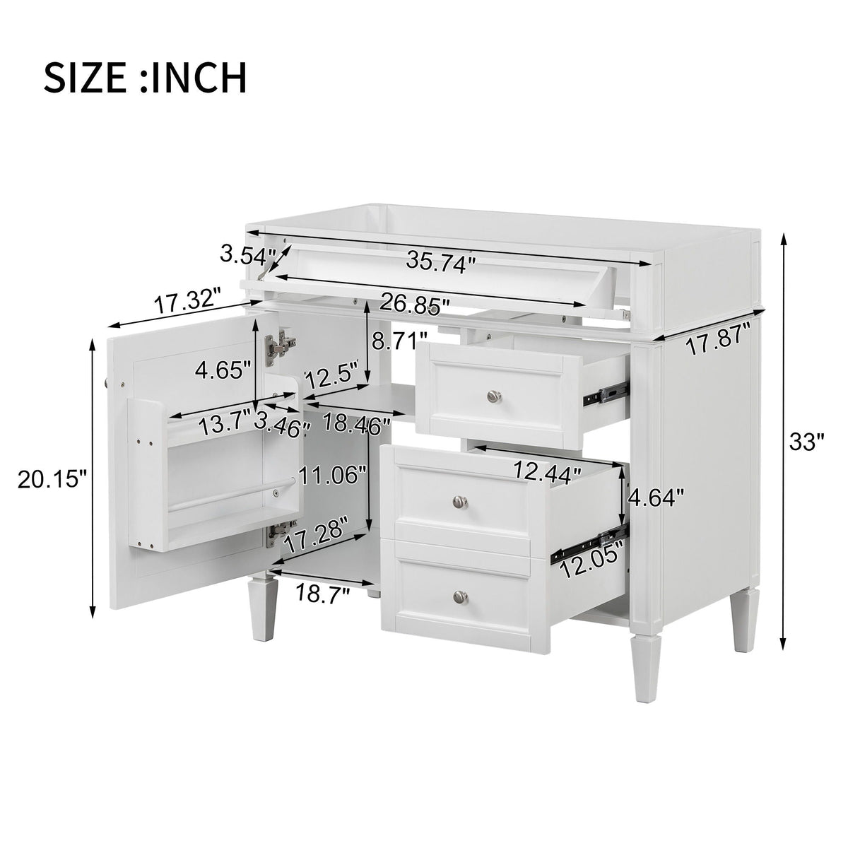 Bathroom Vanity With 2 Drawers And Tip-Out Drawer, Storage Cabinet