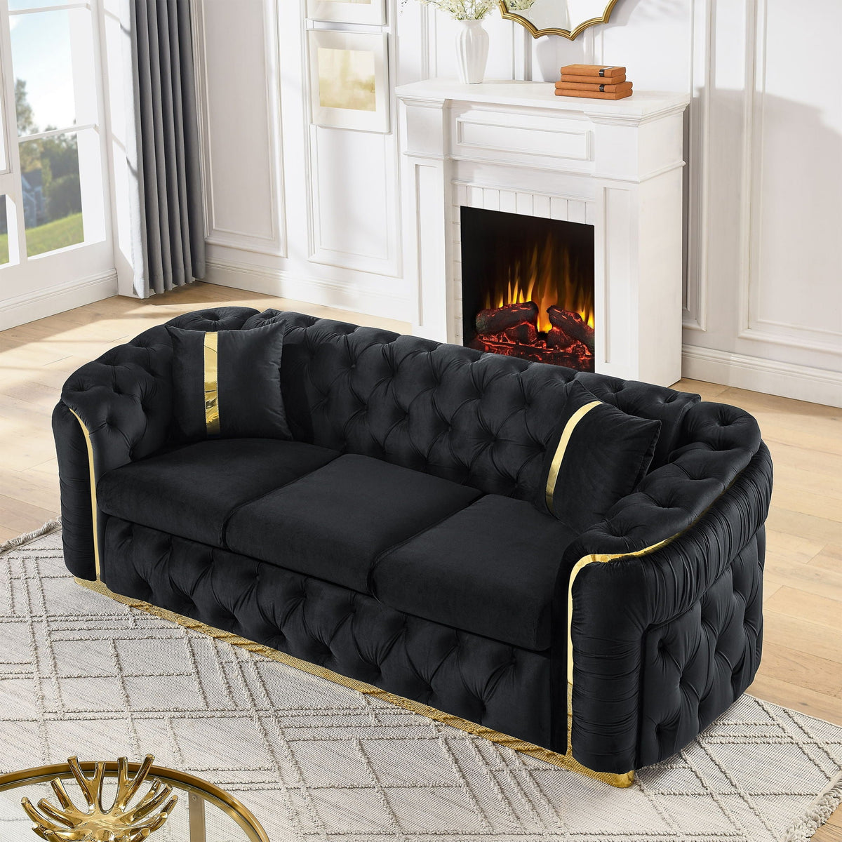 Button Tufted Couch With 2 Pillows, 3 Seater Luxury Chesterfield Sofa