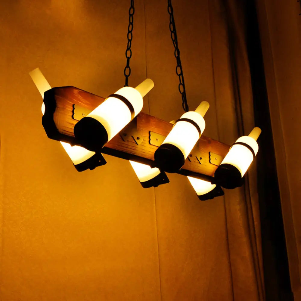 DecorBites™ 4/6-Head Island Lamp: Frosted White/Amber Glass Suspended Lighting with Brown Wood Arm