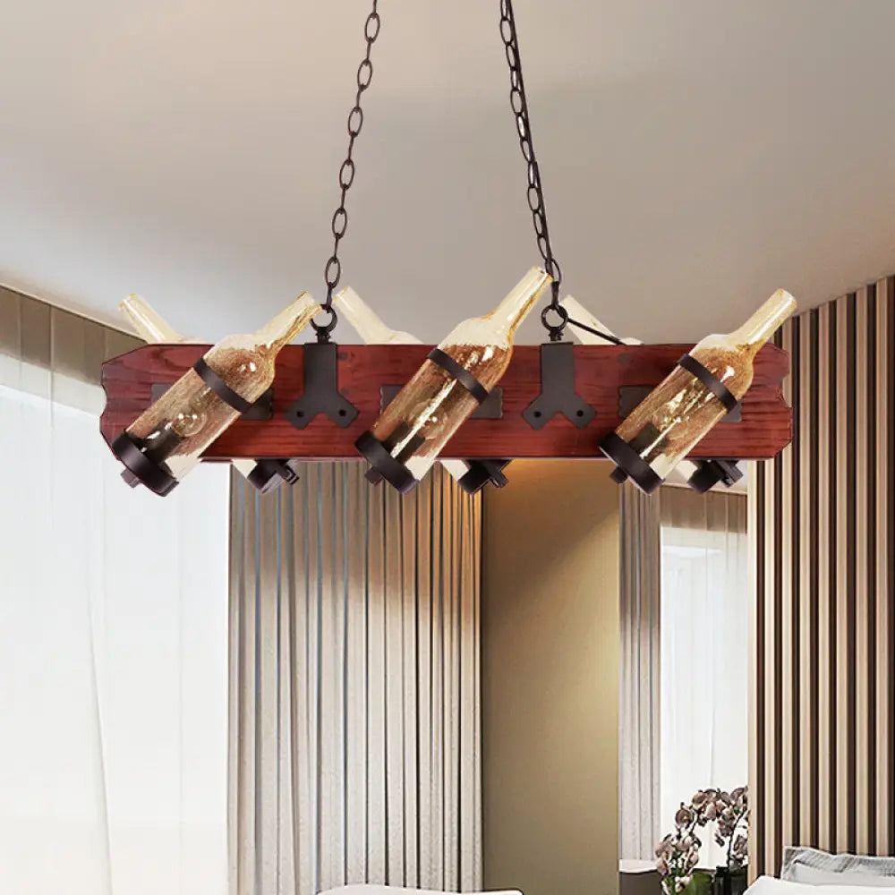 DecorBites™ 4/6-Head Island Lamp: Frosted White/Amber Glass Suspended Lighting with Brown Wood Arm