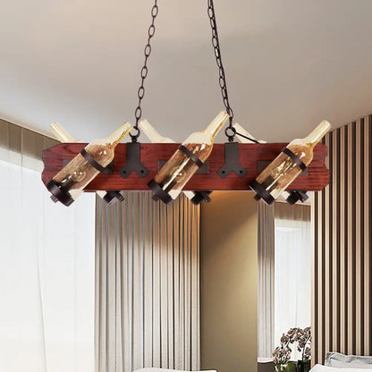 DecorBites™ 4/6-Head Island Lamp: Frosted White/Amber Glass Suspended Lighting with Brown Wood Arm