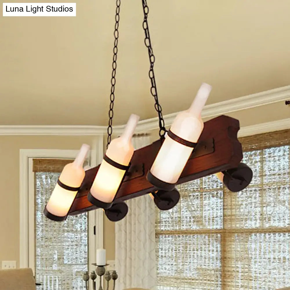 DecorBites™ 4/6-Head Island Lamp: Frosted White/Amber Glass Suspended Lighting with Brown Wood Arm