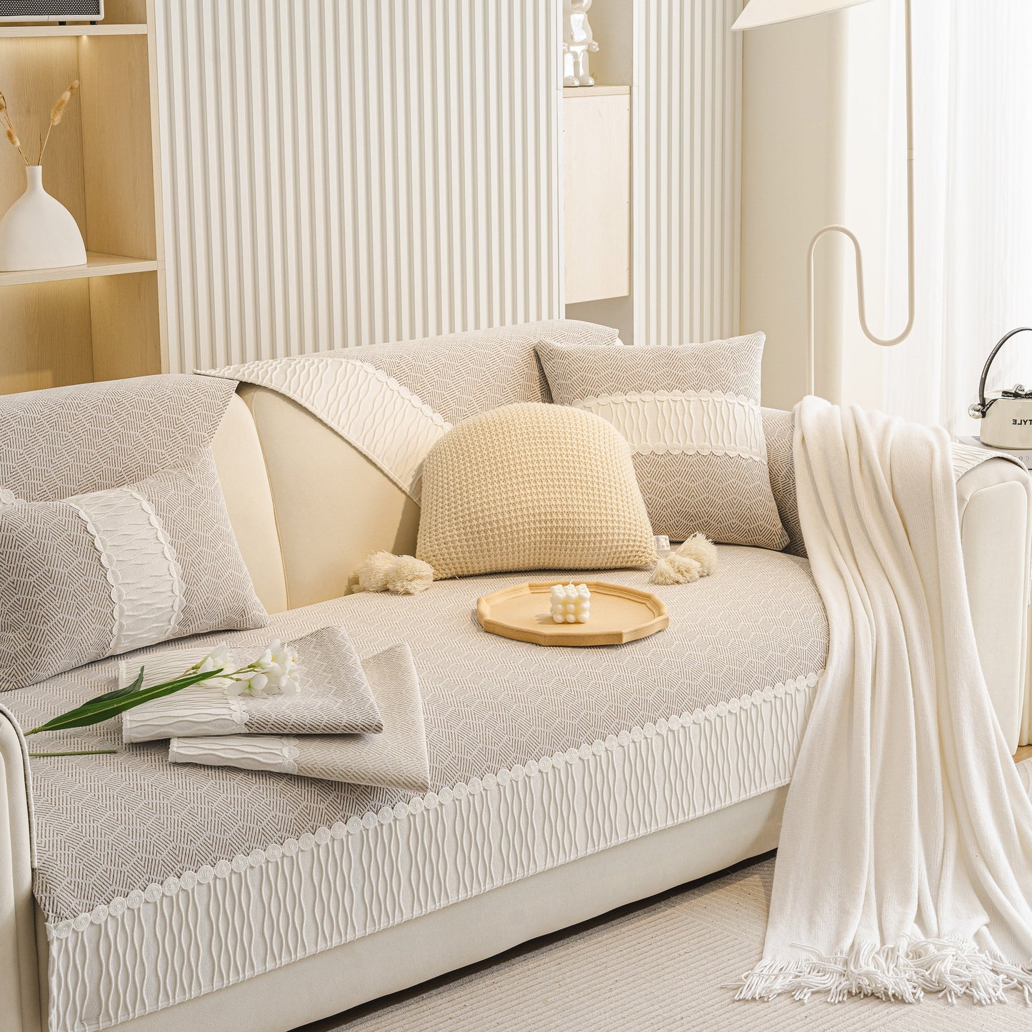 Herringbone Sofa Protector Cover, Non-Slip Couch Cover for Seat, Back & Arms
