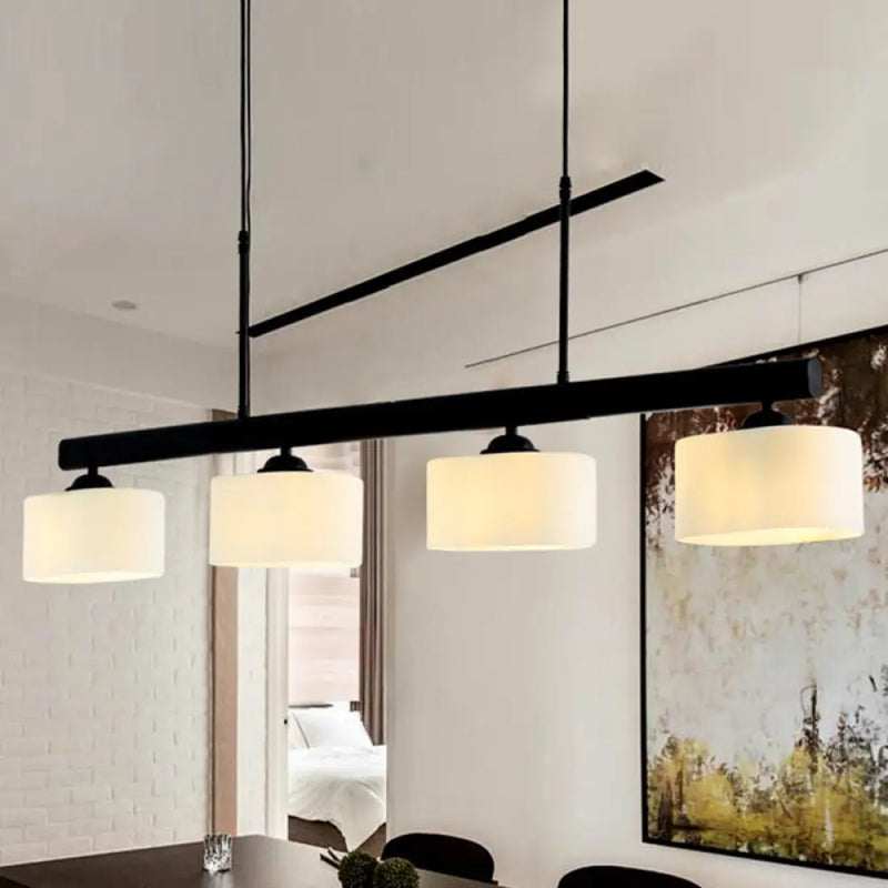 DecorBites™ 4-Light Traditional Drum Island Pendant in Black for Dining Room with White Glass Shades