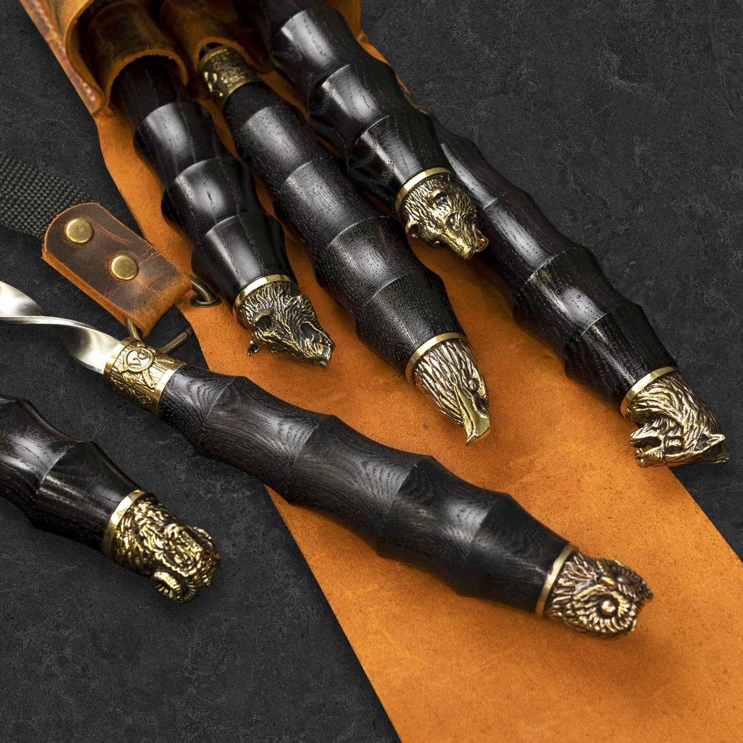 "Viking" Set in a Leather Case Camping Accessories BBQ Skewers Set  in a Leather Case, 7 items