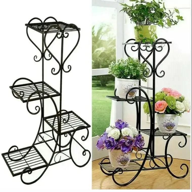 Ornate black 4 tier metal plant stand for living room garden