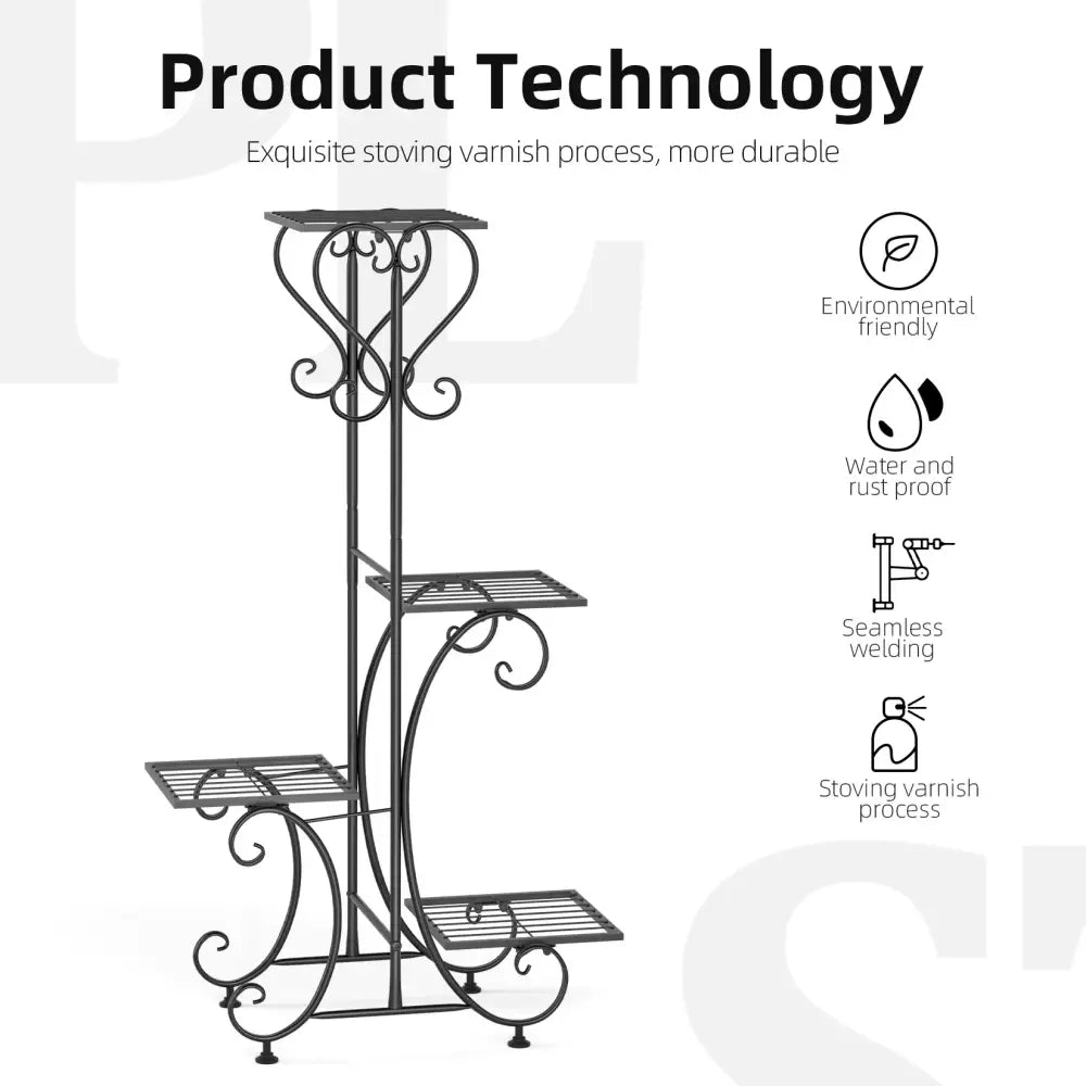 Ornate black 4 tier metal plant stand for living room garden