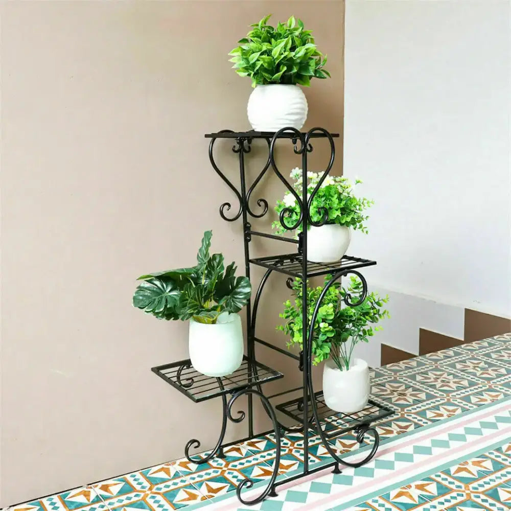 Ornate black 4 tier metal plant stand for living room garden