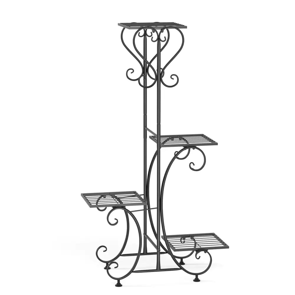 Ornate black 4 tier metal plant stand for living room garden