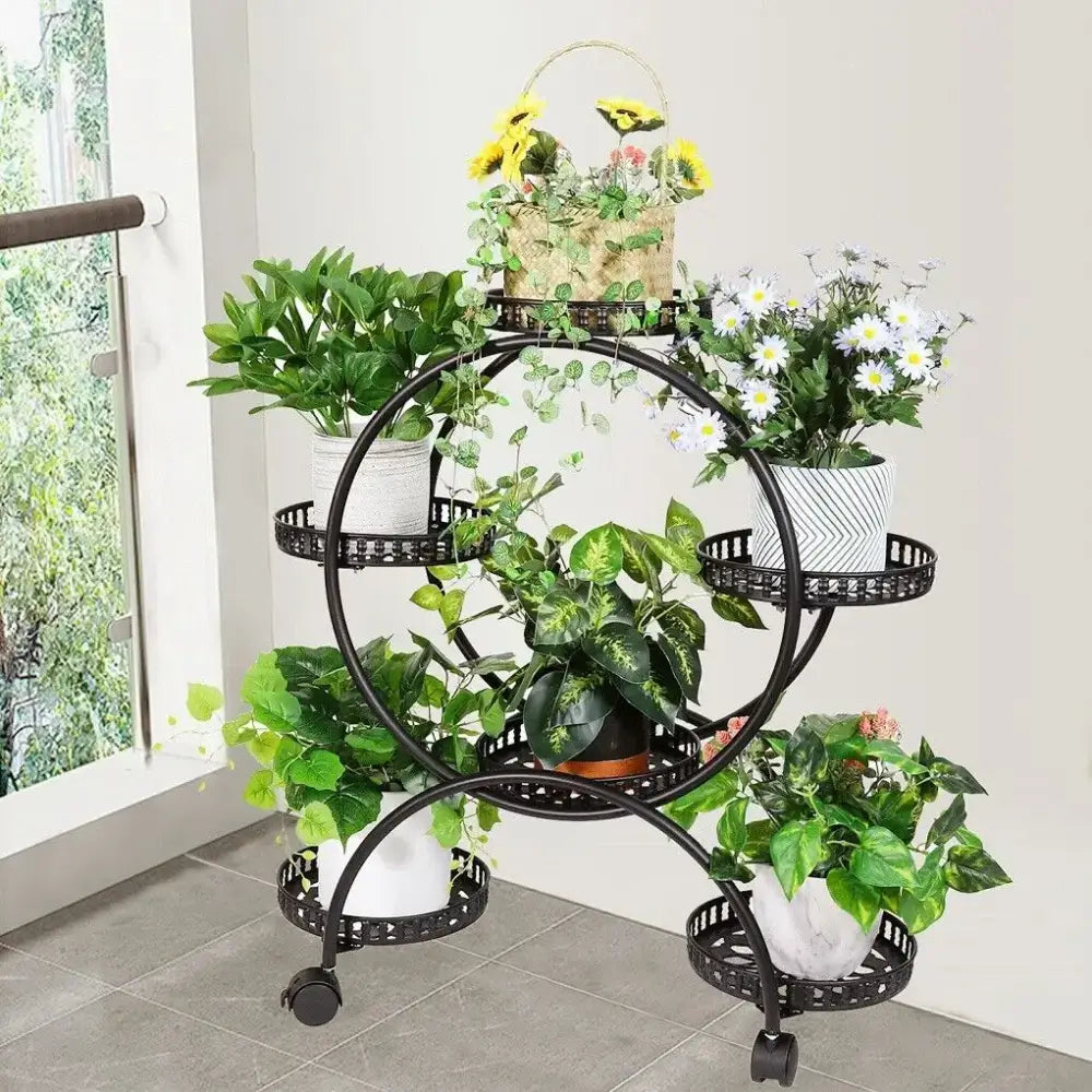 Modern black and red tiered plant stand shelf for living room