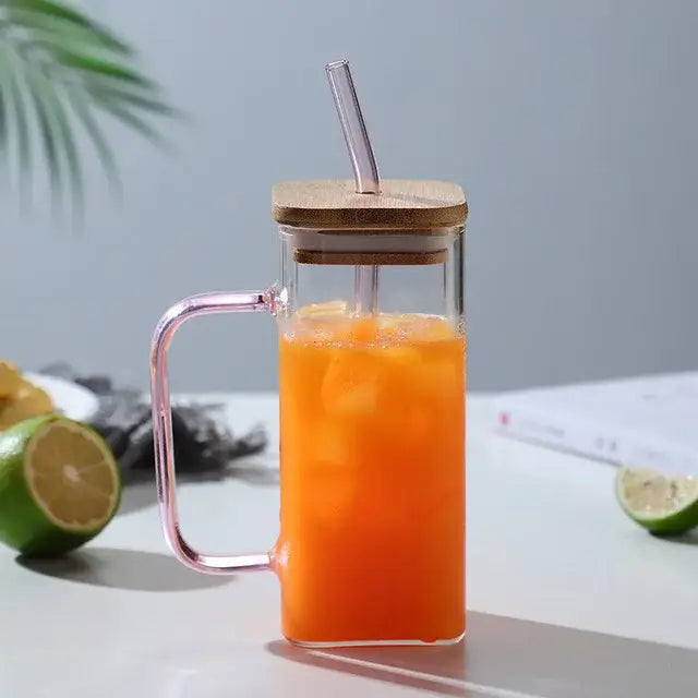 400ml square glass mug with bamboo lid and straw dining room cup
