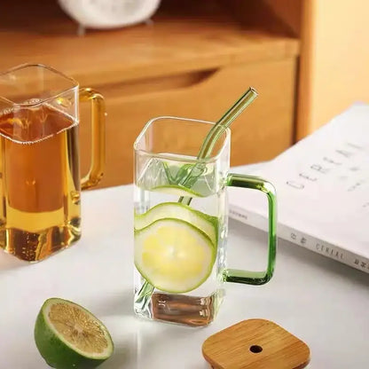 400ml square glass mug with bamboo lid and straw dining room cup