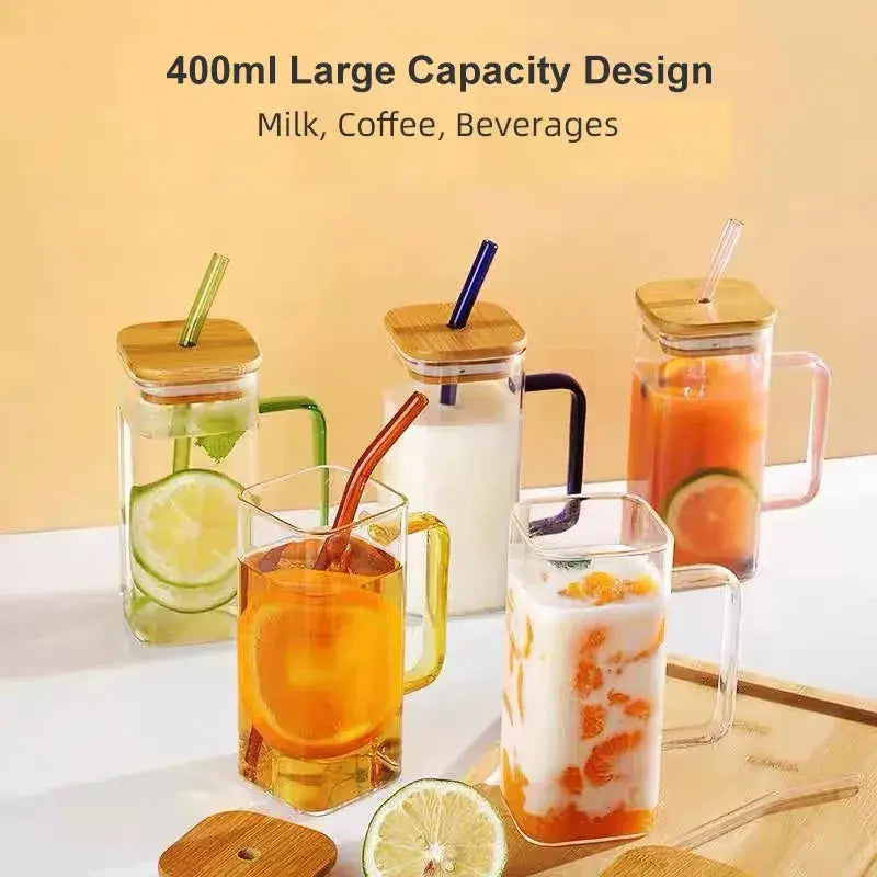 400ml square glass mug with bamboo lid and straw dining room cup