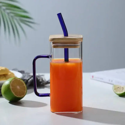 400ml square glass mug with bamboo lid and straw dining room cup