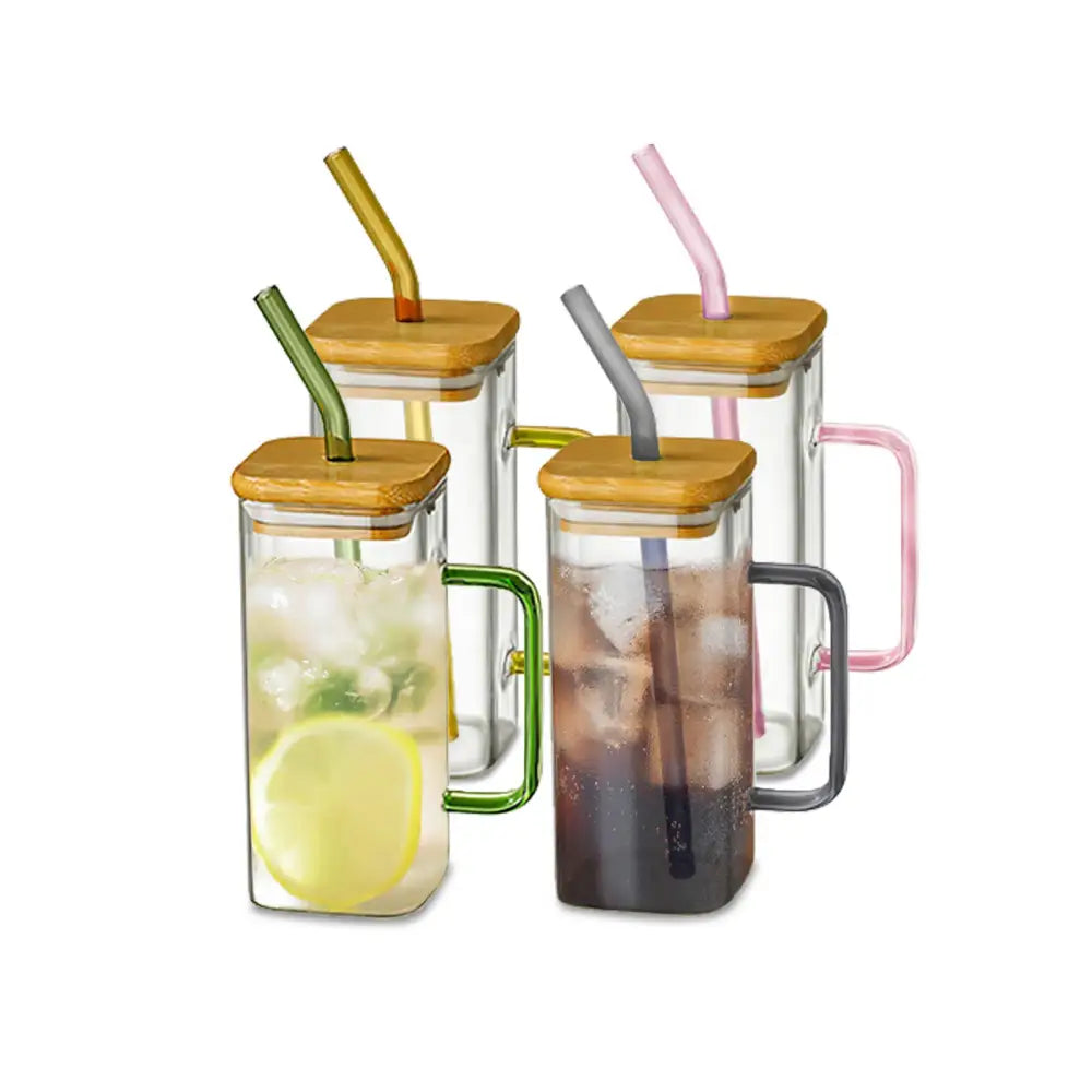 400ml square glass mug with bamboo lid and straw dining room cup