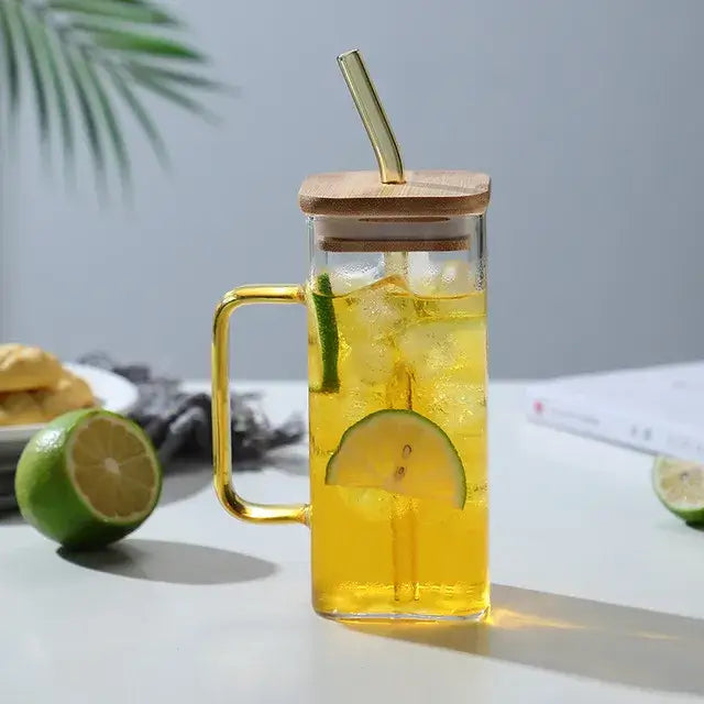 400ml square glass mug with bamboo lid and straw dining room cup