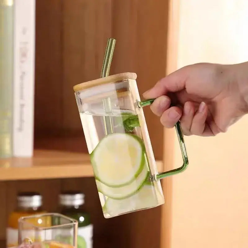 400ml square glass mug with bamboo lid and straw dining room cup