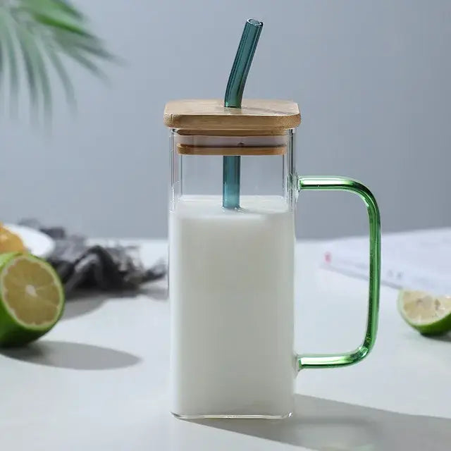 400ml square glass mug with bamboo lid and straw dining room cup