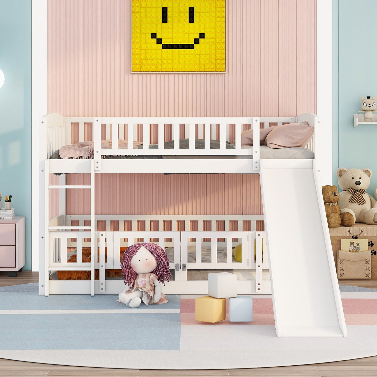 Low Bunk Bed With Slide, Fence And Ladder