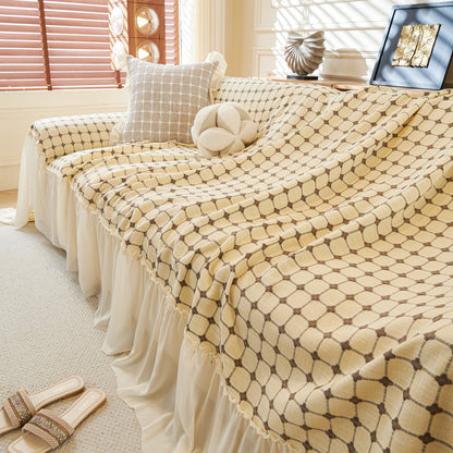 Grid Textured Sofa Cover with Sheer Ruffle Skirt, Pet-Friendly Sofa Throw Slipcover