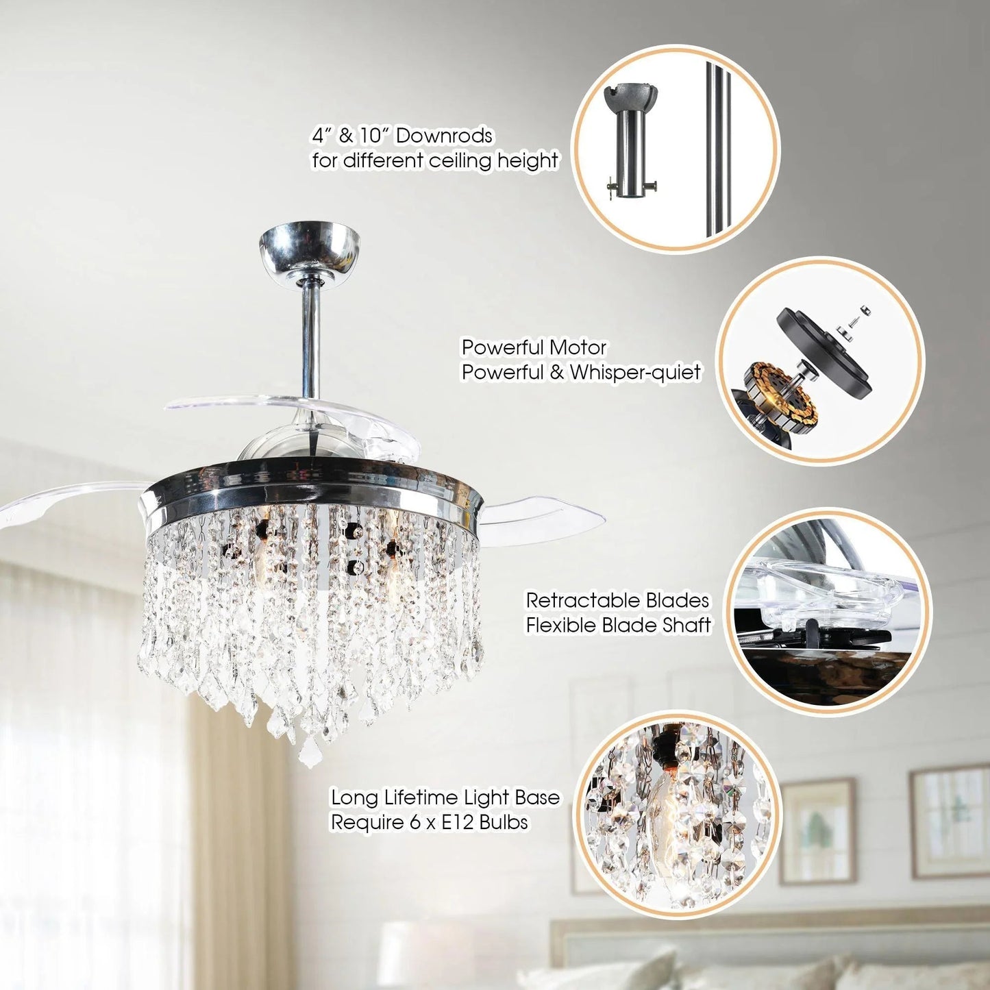 42" Mateo Modern Downrod Mount Crystal Ceiling Fan with Lighting and Remote Control