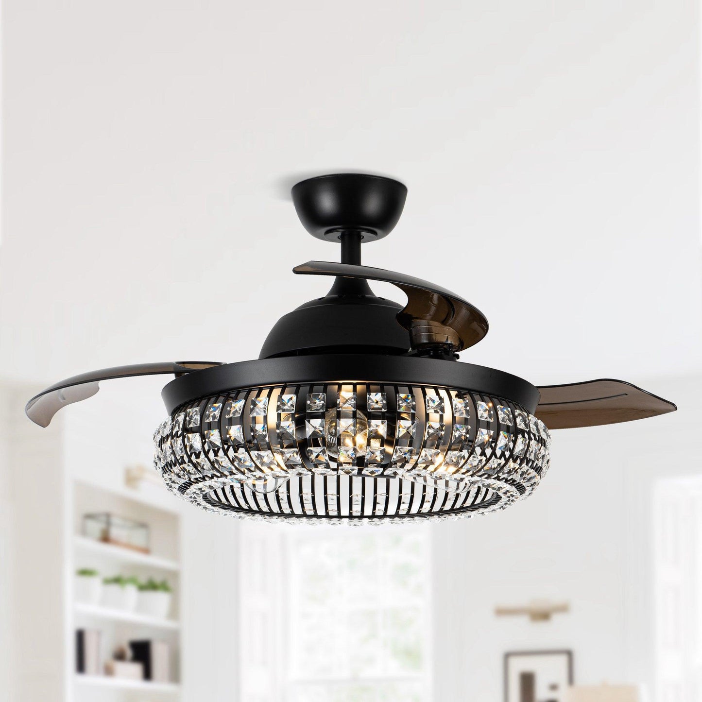 42" Modern Downrod Mount Crystal Ceiling Fan with Lighting and Remote Control