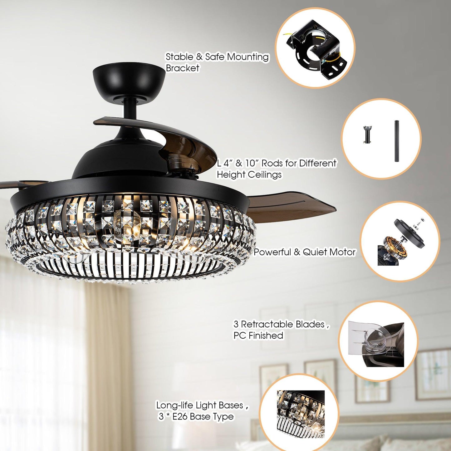 42" Modern Downrod Mount Crystal Ceiling Fan with Lighting and Remote Control