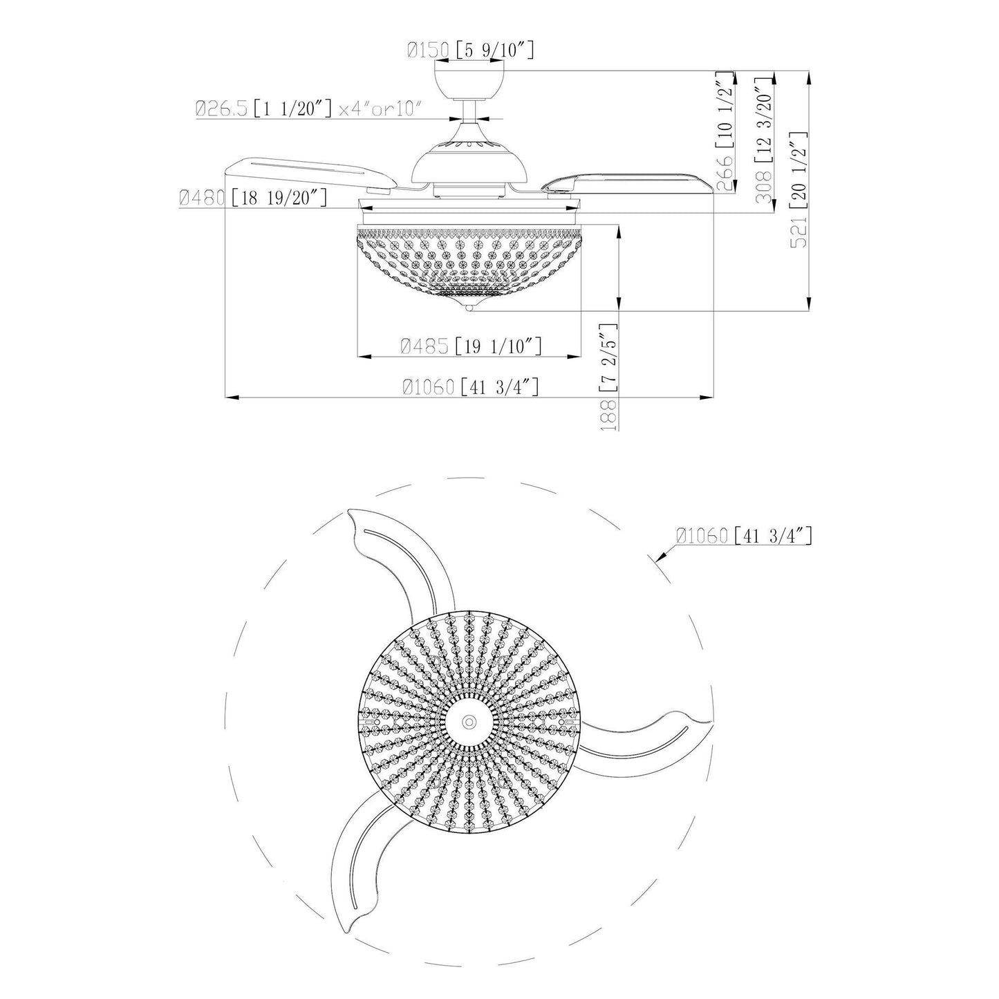 42" Servantes Modern Downrod Mount Crystal Ceiling Fan with Lighting and Remote Control