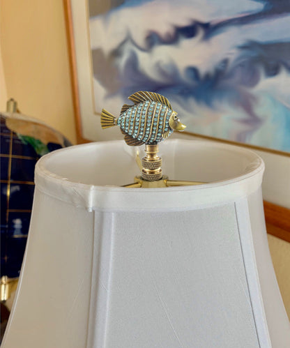 Tropical Fish Lamp Finial with Aegean Blue Glass Antique Brass Finish 2.25"h
