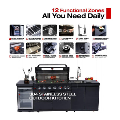 Castelle Flame Belmont 43-Inch 6-Burner 85K BTU Stainless Steel Outdoor BBQ Kitchen Grill Island With Wine Cooler, Rotisserie, And Sink (SAK19476)