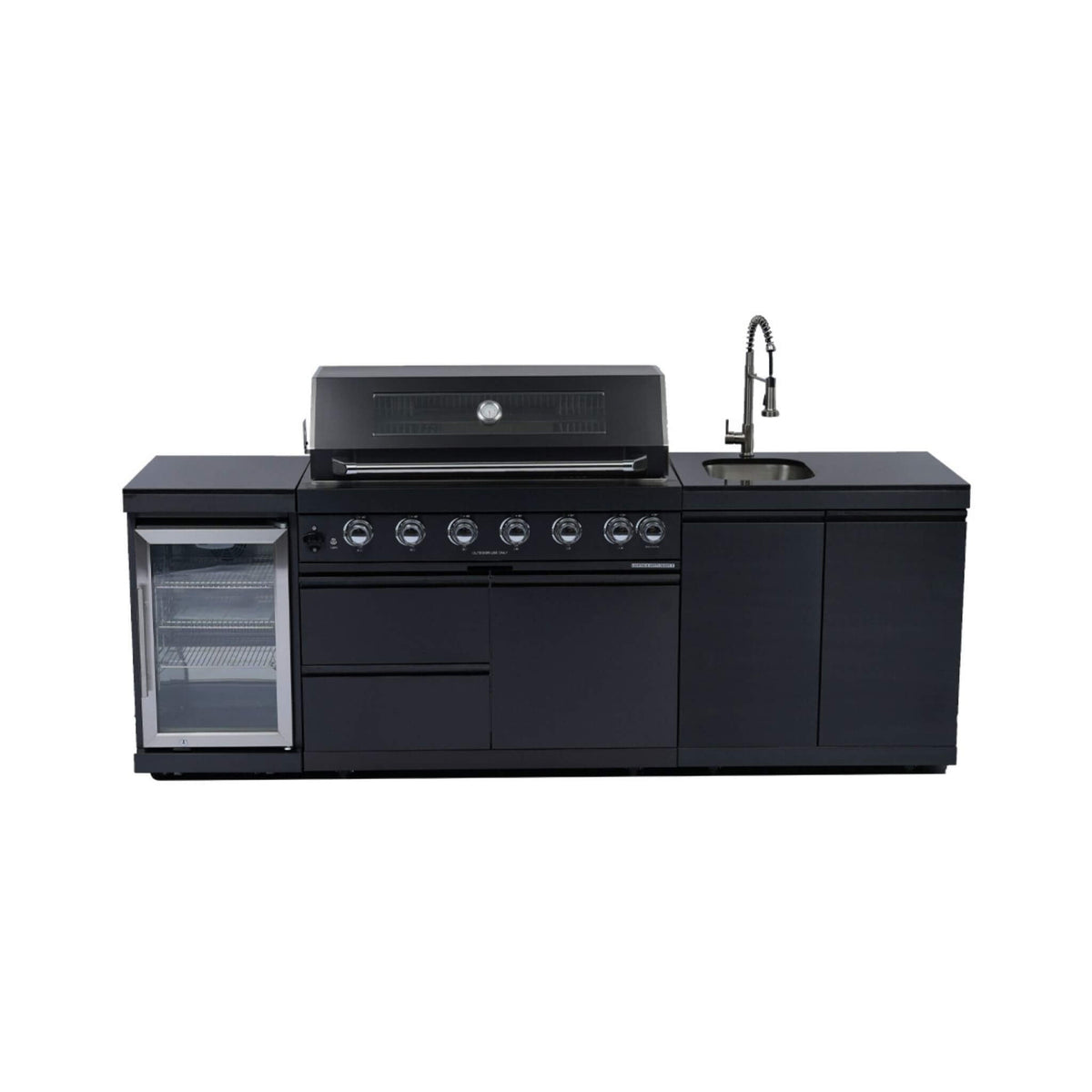 Castelle Flame Belmont 43-Inch 6-Burner 85K BTU Stainless Steel Outdoor BBQ Kitchen Grill Island With Wine Cooler, Rotisserie, And Sink (SAK19476)