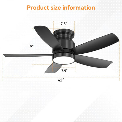 Flush Mount Ceiling Fan With LED Light 22W And Remote Control Blades For Indoor Use - Black