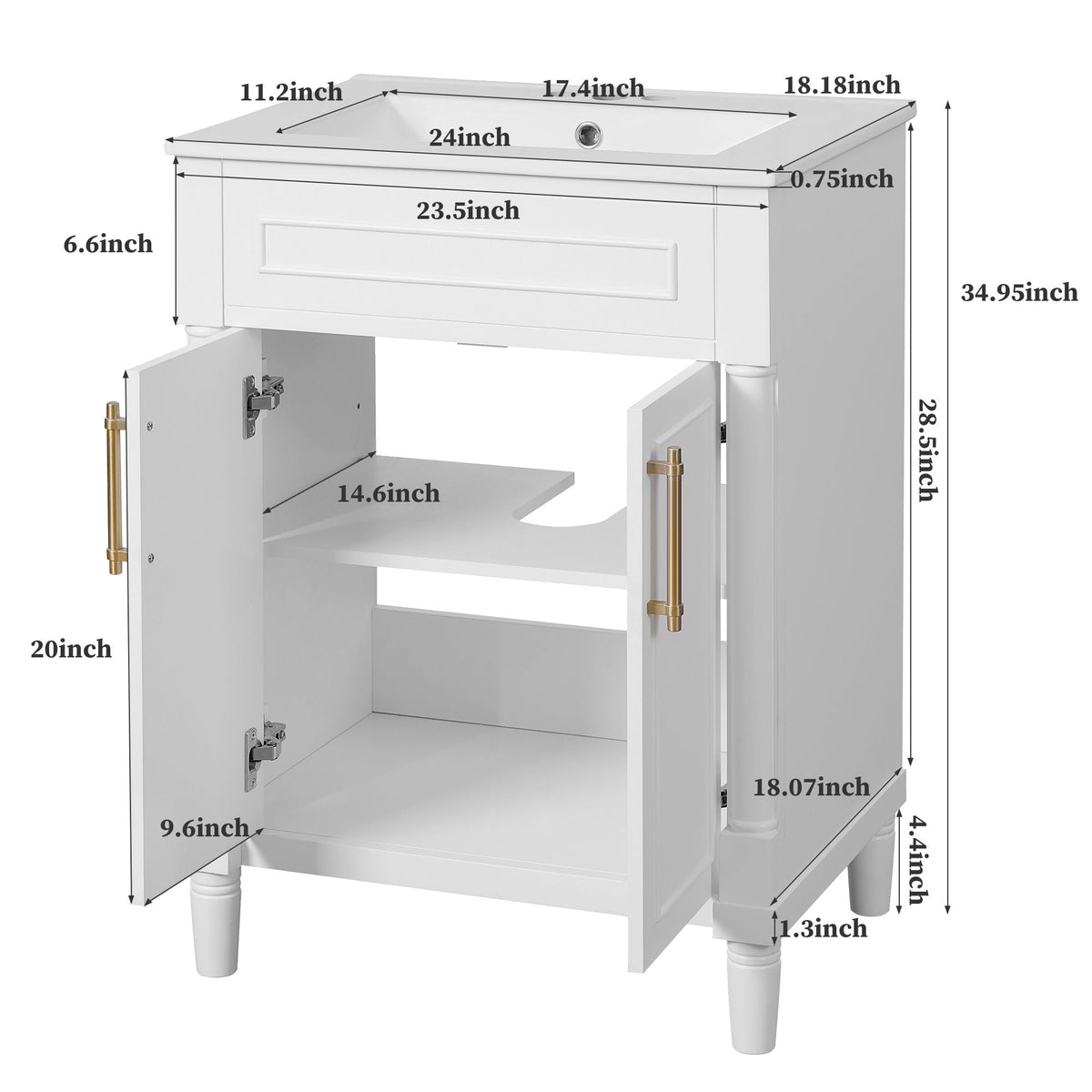 Bathroom Vanity With Integrated Sink, 2 Door Cabinet, Single Sink For Small To Medium Bathrooms