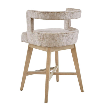 Design Swivel Counter Stool With Low Back Support Polyester And Solid Wood - Cream