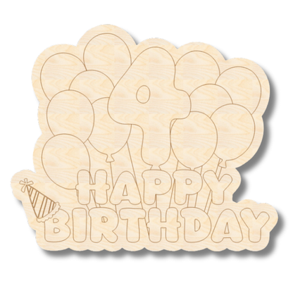 Unfinished Wood Etched 4th Birthday Balloons Shape | Paint By Line Crafts | up to 30" DIY