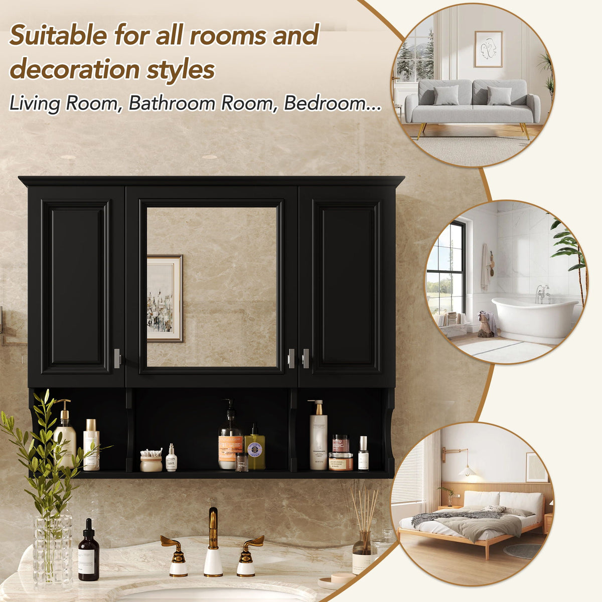 Wall Mounted Bathroom Medicine Wall Cabinet With Mirror & Open Shelves