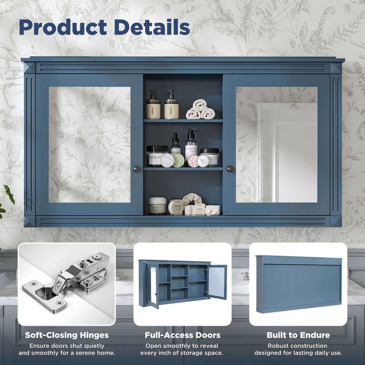 Modern Wall-Mount 2 In 1 Mirror Cabinet With Adjustable Shelves, Soft-Closing Hinges