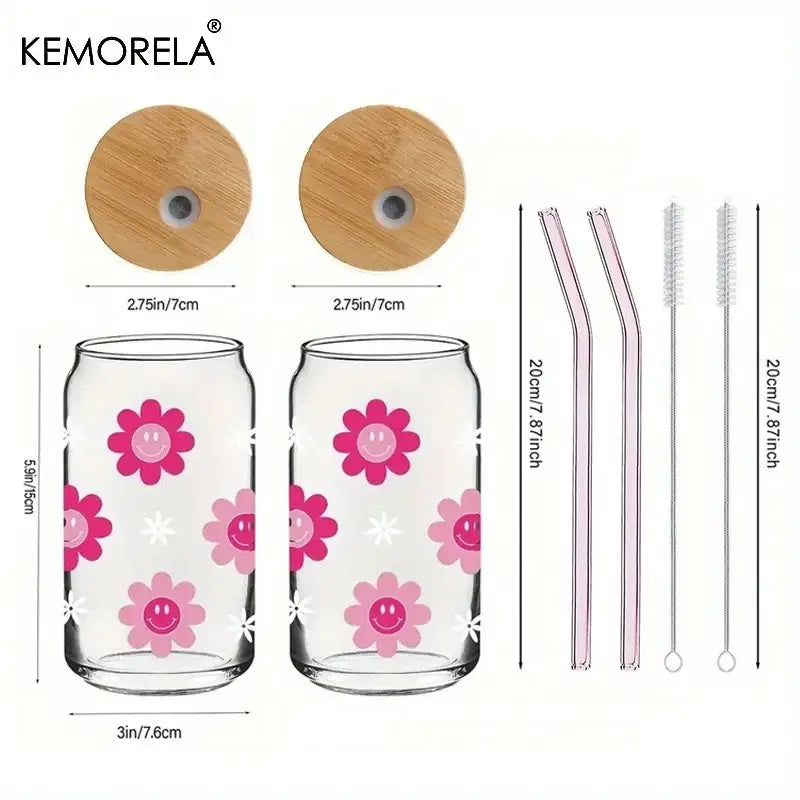 470ml pink smiling flower glass tumbler with bamboo lid kitchen glass